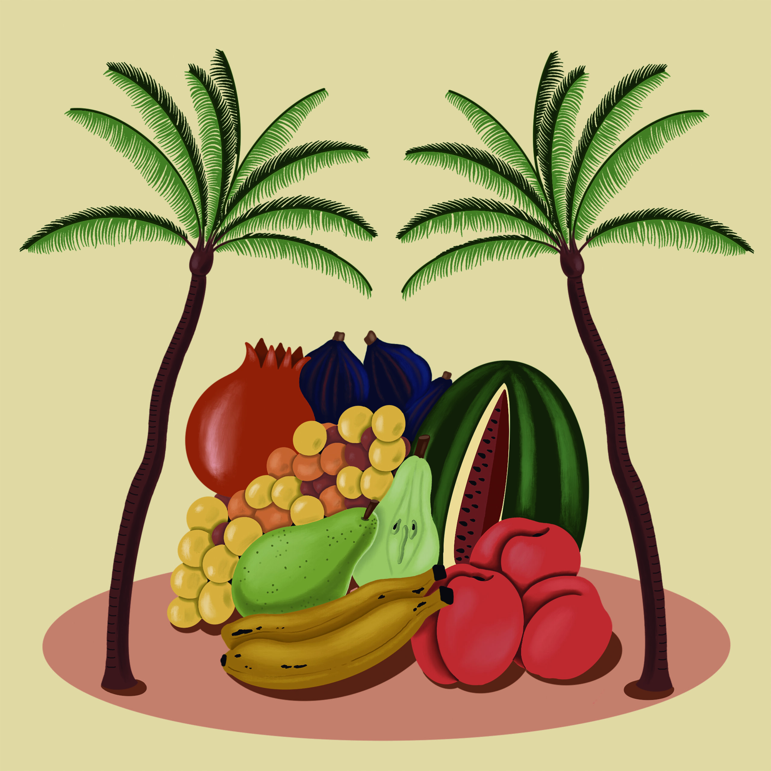 etiqueta de palmeras y frutas